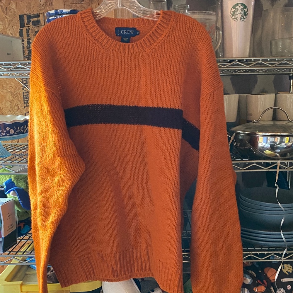 J. Crew Men's Vibrant Orange Sweater with Bold Black Stripe